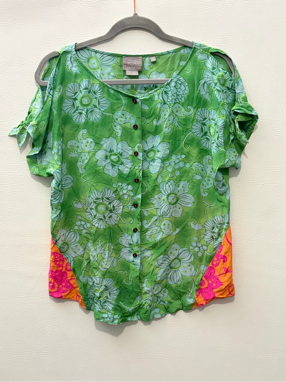 Anthropologie Green Pink Floral Silk Cold Shoulder Blouse size 6